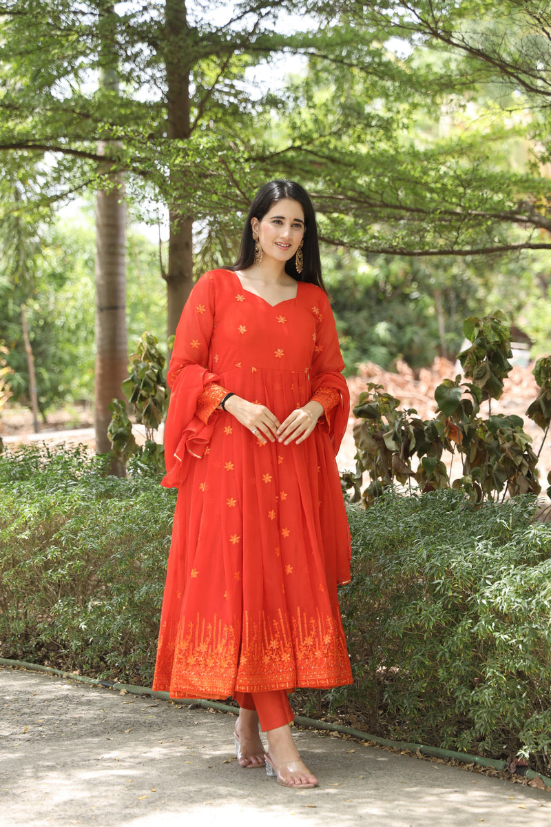 Keshvi's orange Coloured Anarkali Suit