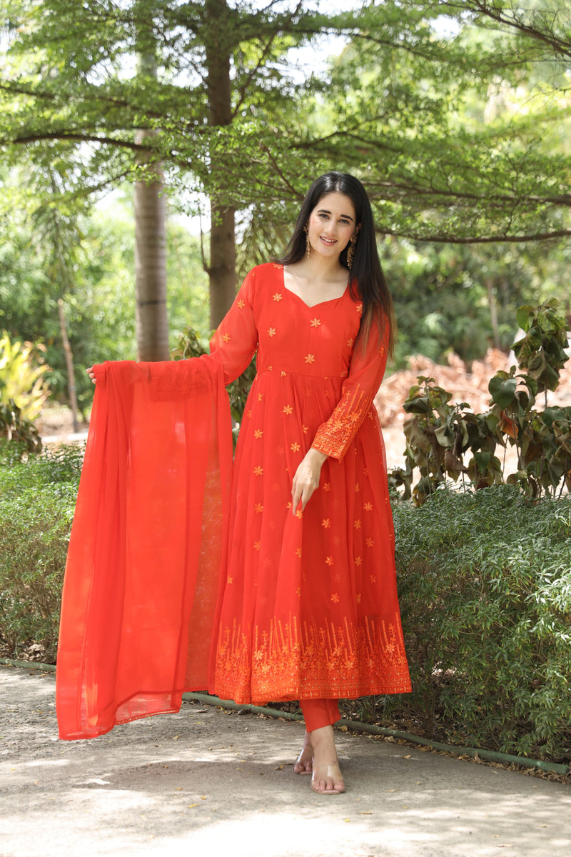 Keshvi's orange Coloured Anarkali Suit