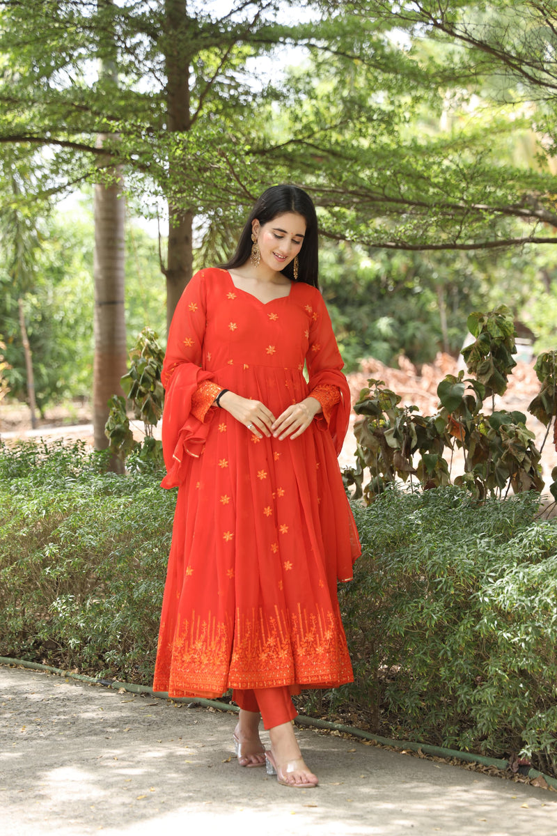 Keshvi's orange Coloured Anarkali Suit