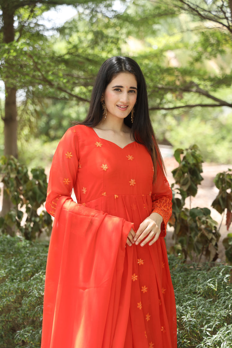 Keshvi's orange Coloured Anarkali Suit