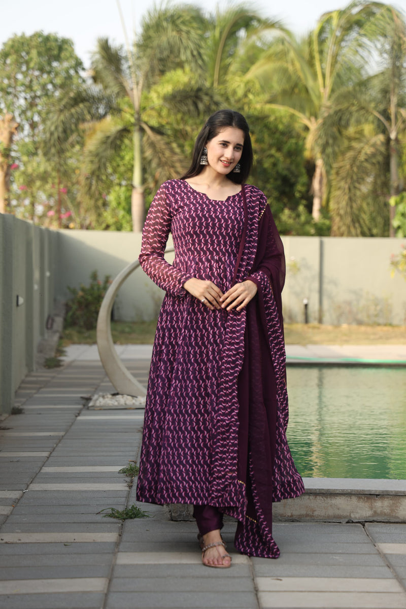 Dharani's Wine Coloured Anarkali Suit