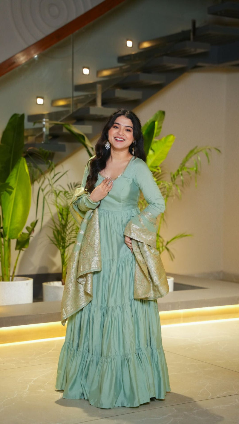 Premium Quality  Roman Silk Gown Anarkali Suit Set