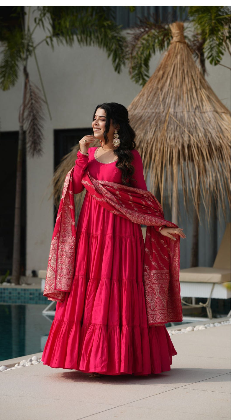 Premium Quality  Roman Silk Gown Anarkali Suit Set