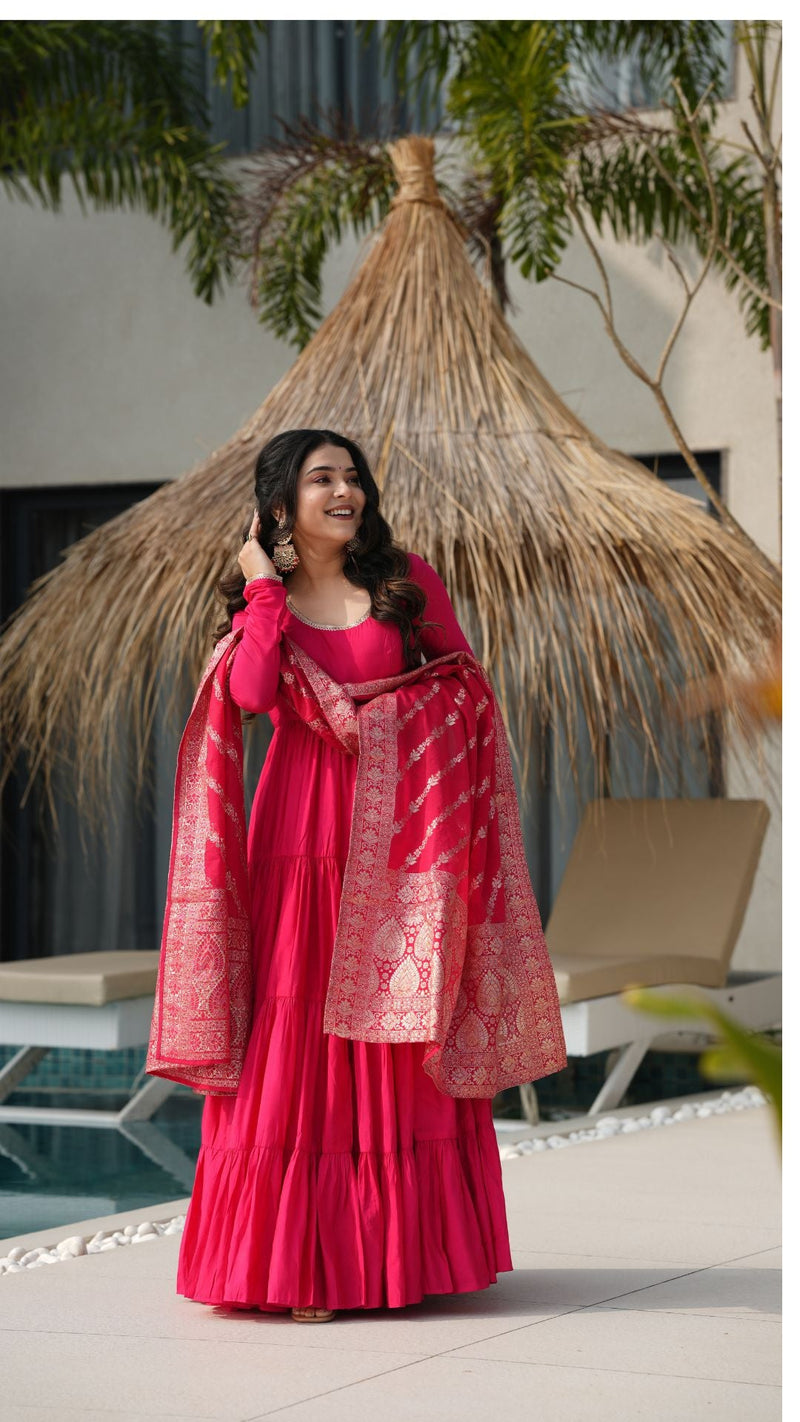 Premium Quality  Roman Silk Gown Anarkali Suit Set