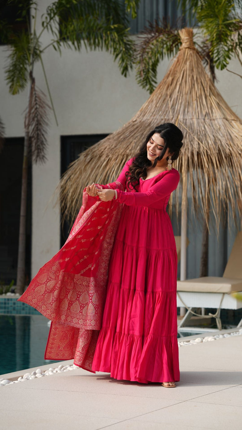 Premium Quality  Roman Silk Gown Anarkali Suit Set