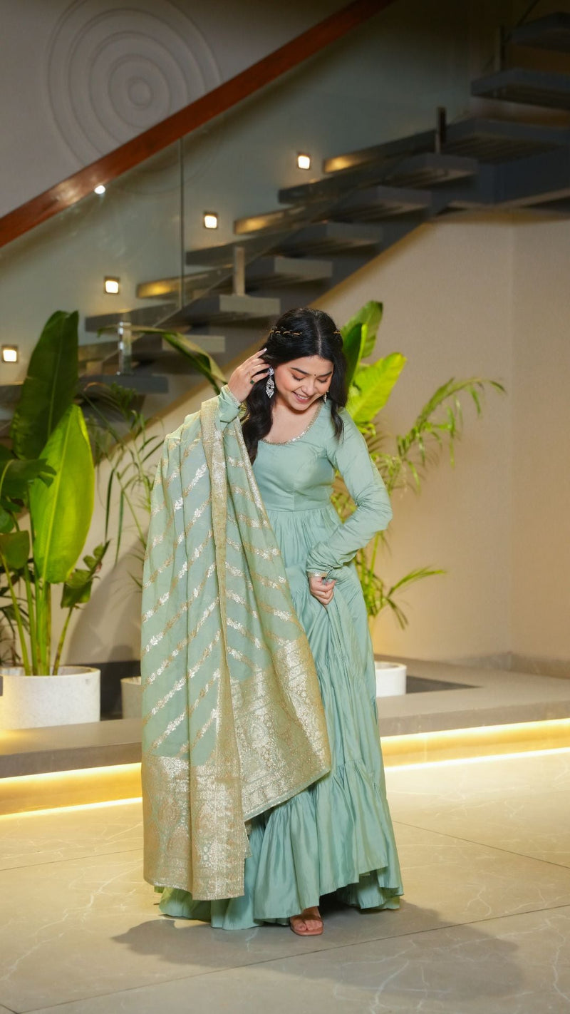 Premium Quality  Roman Silk Gown Anarkali Suit Set