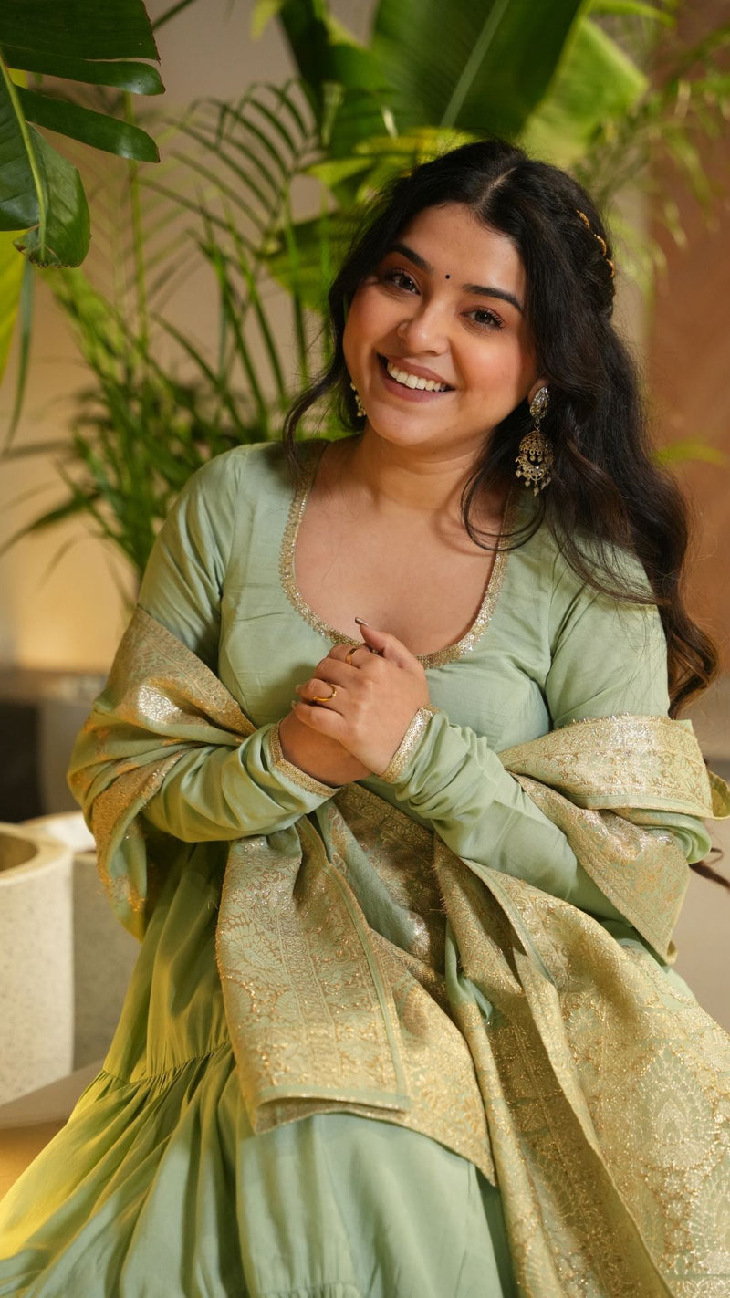 Premium Quality  Roman Silk Gown Anarkali Suit Set