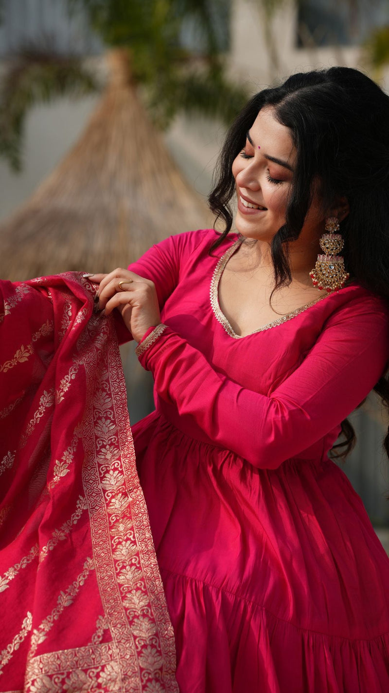 Premium Quality  Roman Silk Gown Anarkali Suit Set