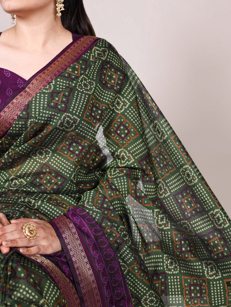 Mehandi Color Bandhej Print With Zari Weaving Work Viscose Chanderi Saree