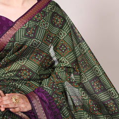 Mehandi Color Bandhej Print With Zari Weaving Work Viscose Chanderi Saree