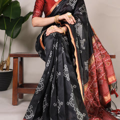 Black Color Printed With Zari Weaving Work Jacquard Silk Saree