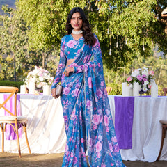 Blue Color Printed With Peral Lace Border Weightless Marbal