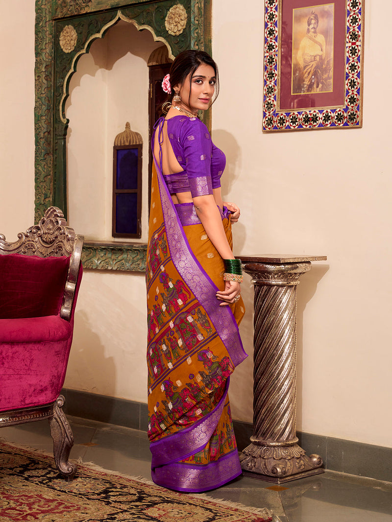 Mustard Color Kalamkari Print With Zari Weaving Work Poly Cotton Saree