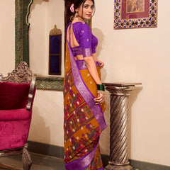 Mustard Color Kalamkari Print With Zari Weaving Work Poly Cotton Saree