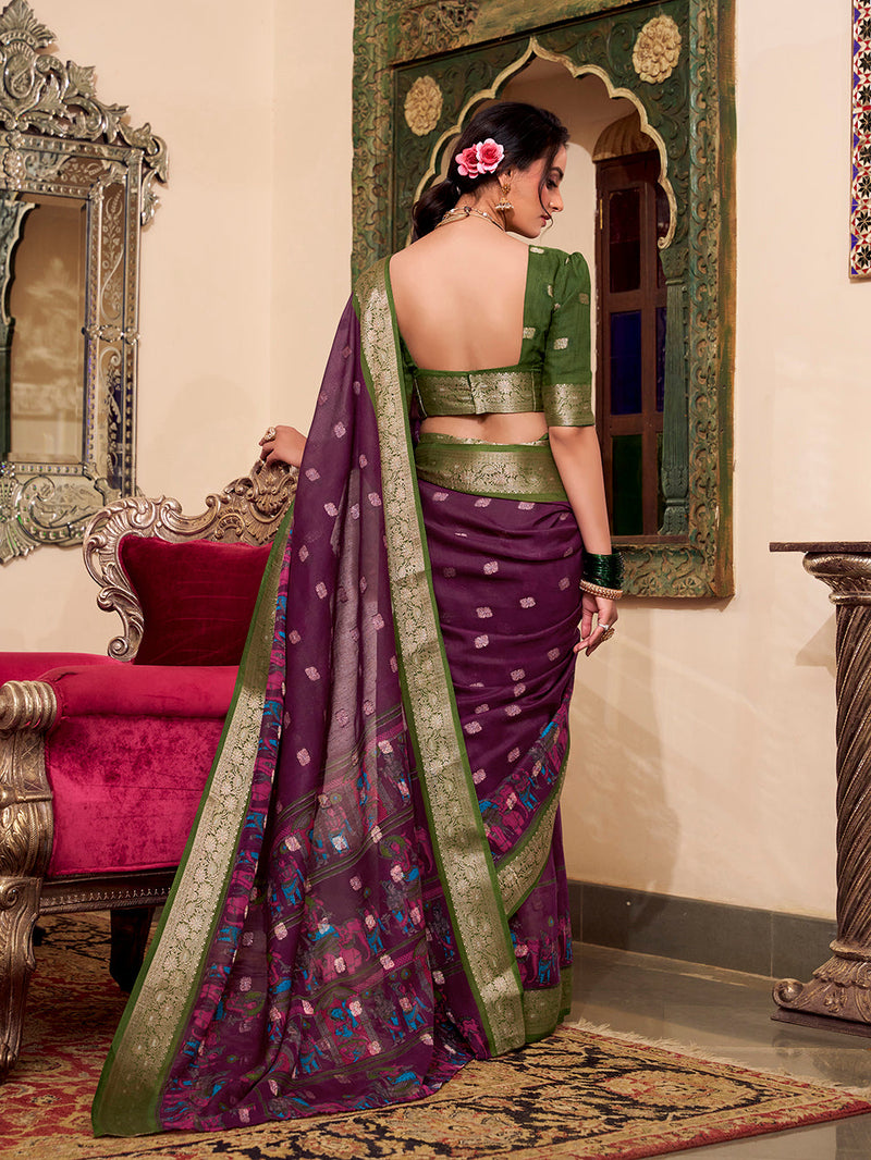 Wine Color Kalamkari Print With Zari Weaving Work Poly Cotton Saree