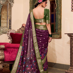 Wine Color Kalamkari Print With Zari Weaving Work Poly Cotton Saree