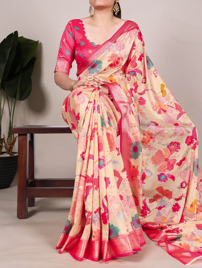 Cream Color Printed Tussar Silk With Viscose Border Saree