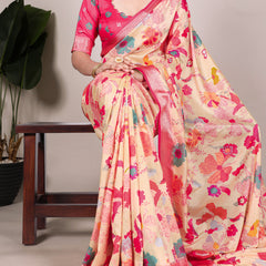 Cream Color Printed Tussar Silk With Viscose Border Saree