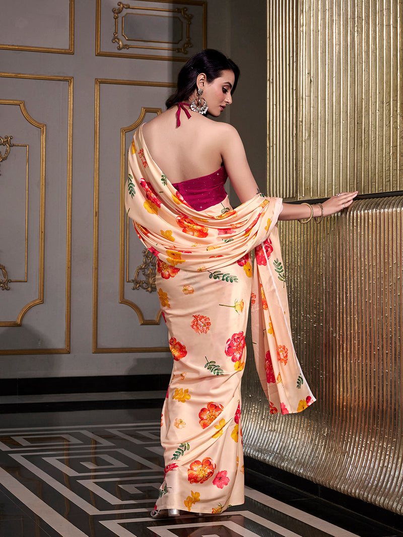 Cream Color Printed Satin Silk saree