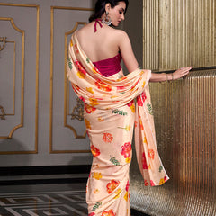 Cream Color Printed Satin Silk saree