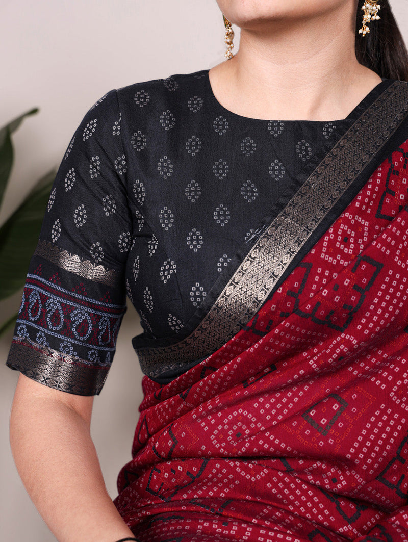 Maroon Color Bandhej Print With Zari Weaving Work Viscose Chanderi Saree