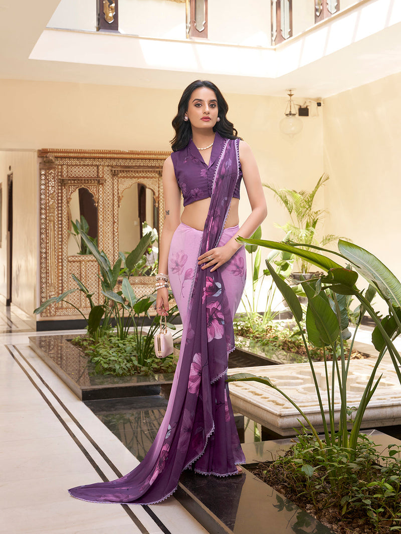 Lavender Color Floral Printed With Weightless Marbal saree