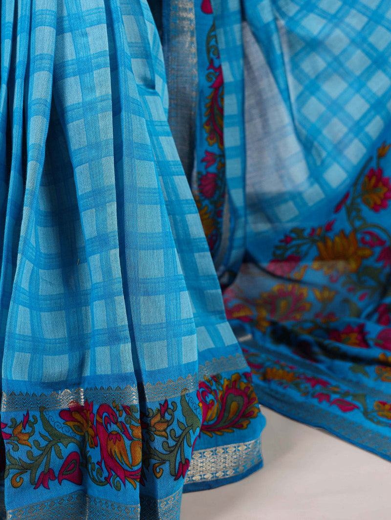 Sky Blue Color Printed With Zari Weaving Work Polyester Viscose Chanderi Saree