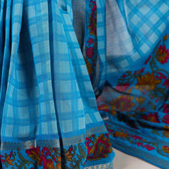Sky Blue Color Printed With Zari Weaving Work Polyester Viscose Chanderi Saree