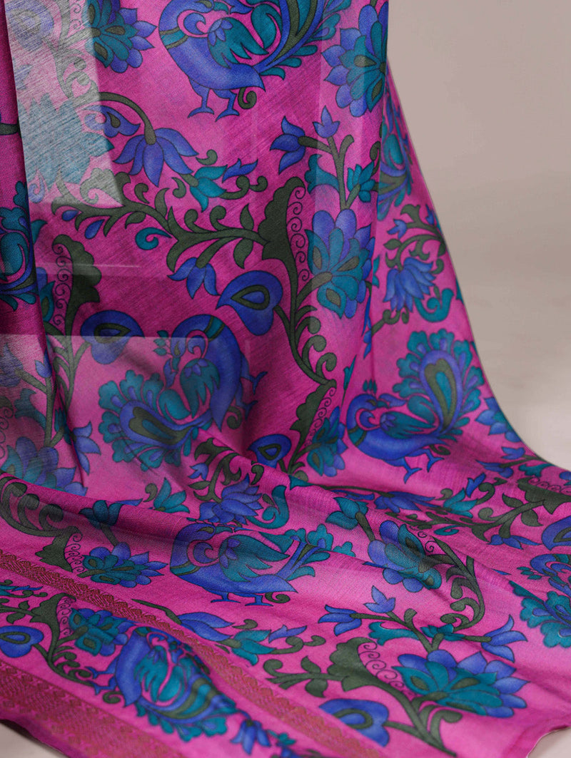 Pink Color Printed With Zari Weaving Work Polyester Viscose Chanderi Saree