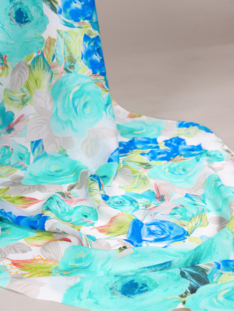 Firozi Color Floral Printed Dull Satin Silk Saree