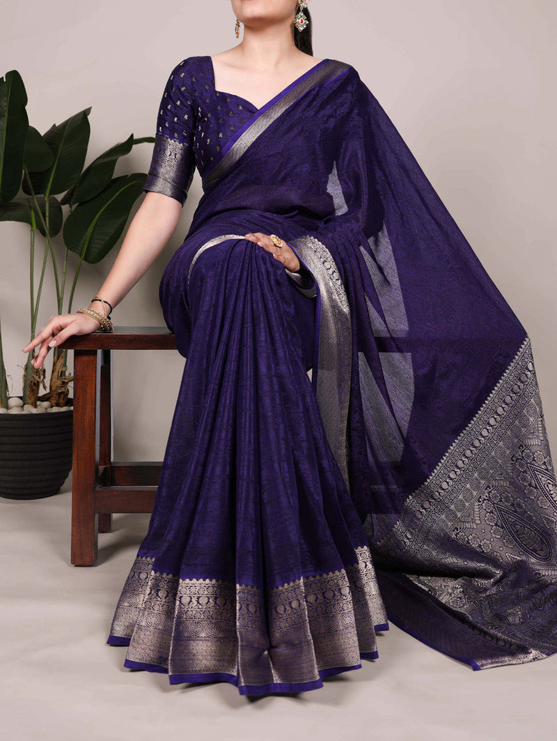 Navy Blue Color Self Printed With Zari Weaving Work Chinon Saree