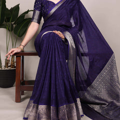 Navy Blue Color Self Printed With Zari Weaving Work Chinon Saree