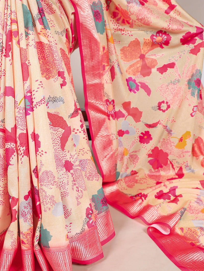 Cream Color Printed Tussar Silk With Viscose Border Saree