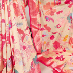 Cream Color Printed Tussar Silk With Viscose Border Saree