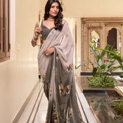Coffee Color Floral Printed With Weightless Marbal saree