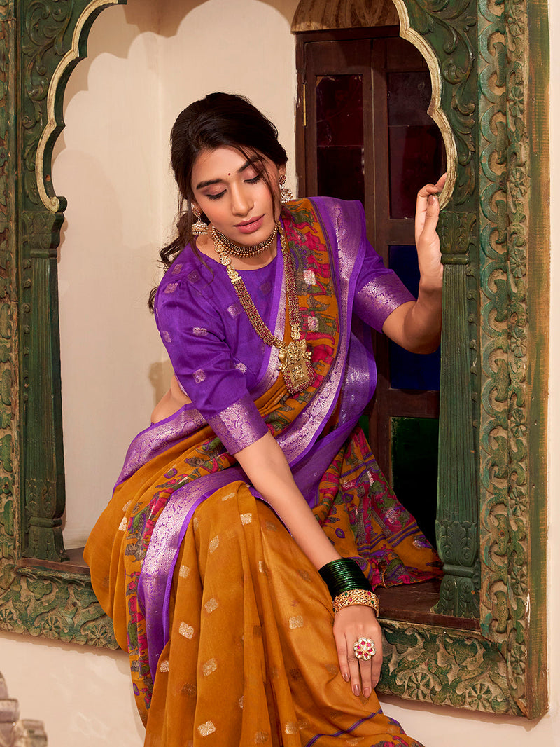 Mustard Color Kalamkari Print With Zari Weaving Work Poly Cotton Saree