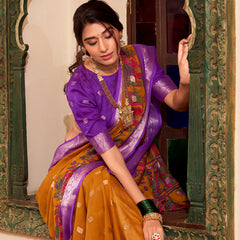 Mustard Color Kalamkari Print With Zari Weaving Work Poly Cotton Saree