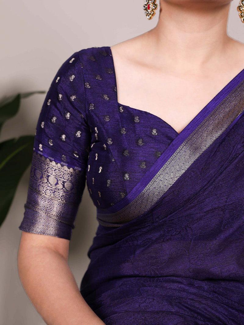 Navy Blue Color Self Printed With Zari Weaving Work Chinon Saree
