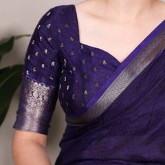 Navy Blue Color Self Printed With Zari Weaving Work Chinon Saree