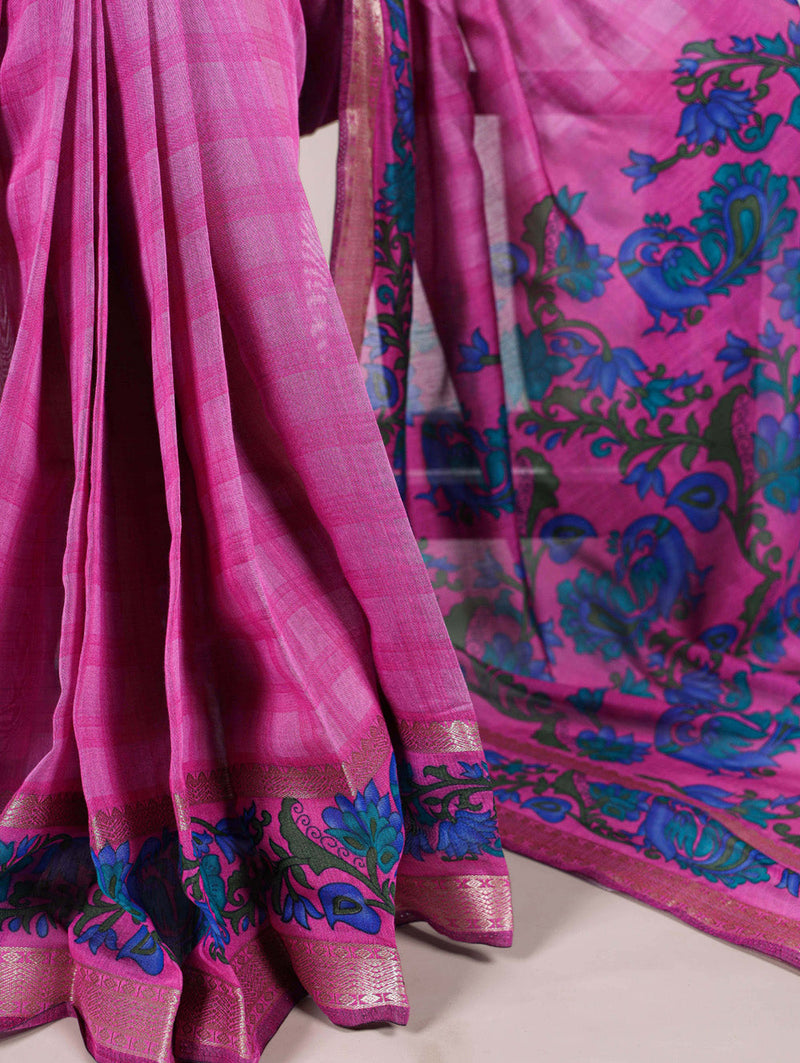 Pink Color Printed With Zari Weaving Work Polyester Viscose Chanderi Saree