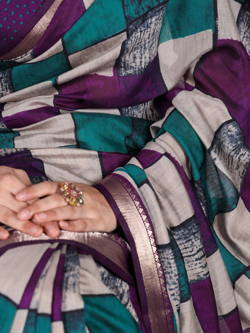 Purple Color Printed With Temple Border Polyester Viscose Chanderi Saree