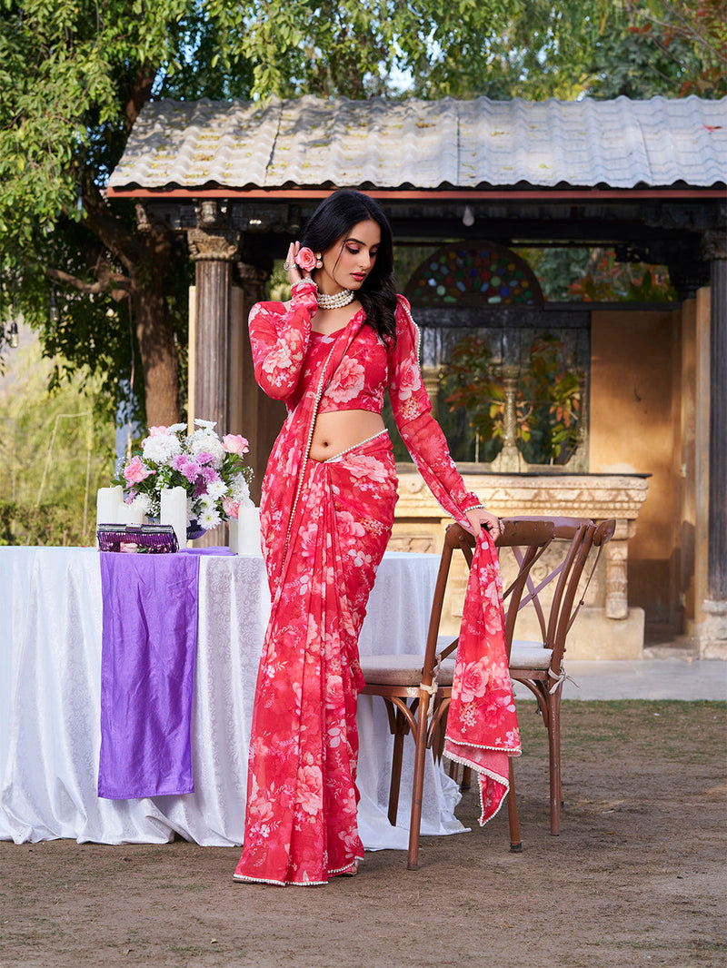 Red Color Printed With Peral Lace Border Weightless Marbal