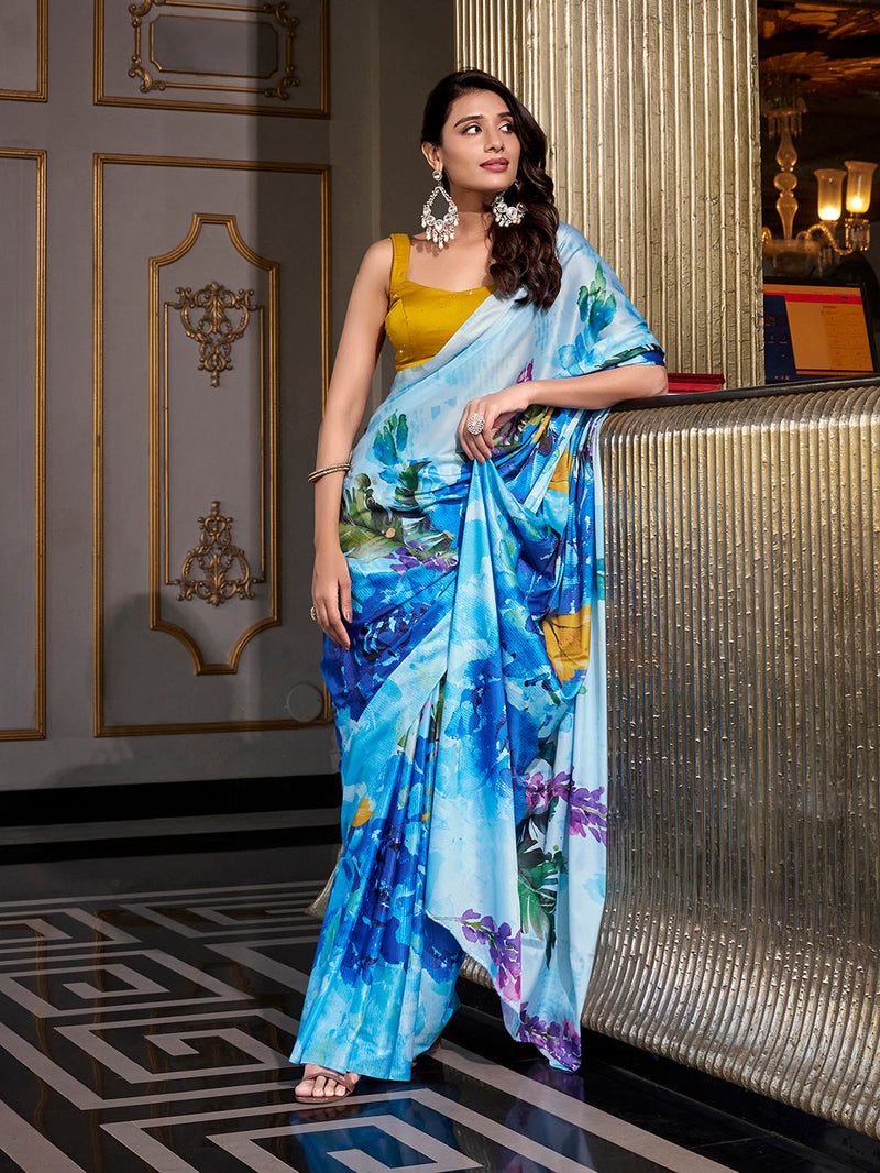 Sky Blue Color Printed Satin Silk saree