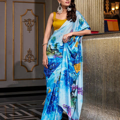 Sky Blue Color Printed Satin Silk saree