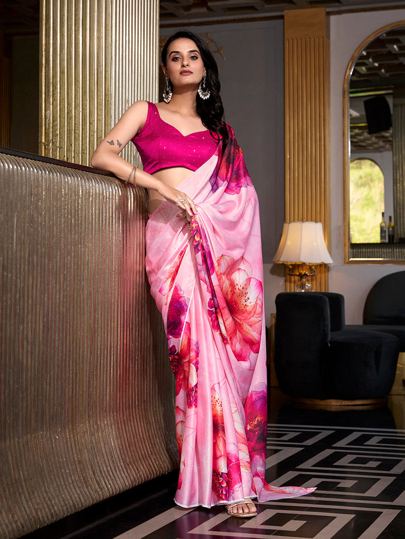 Light Pink Color Printed Satin Silk saree