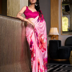 Light Pink Color Printed Satin Silk saree