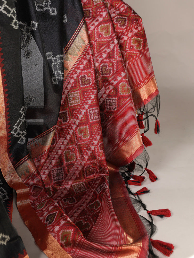 Black Color Printed With Zari Weaving Work Jacquard Silk Saree