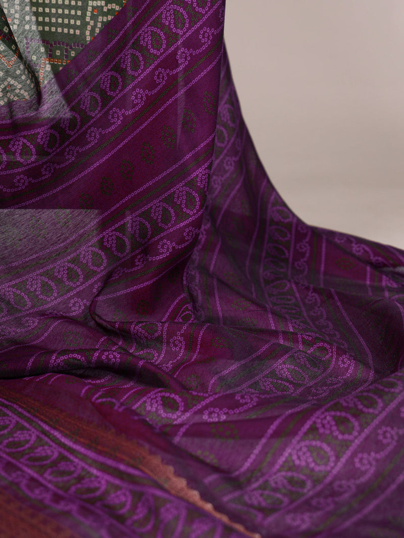 Mehandi Color Bandhej Print With Zari Weaving Work Viscose Chanderi Saree