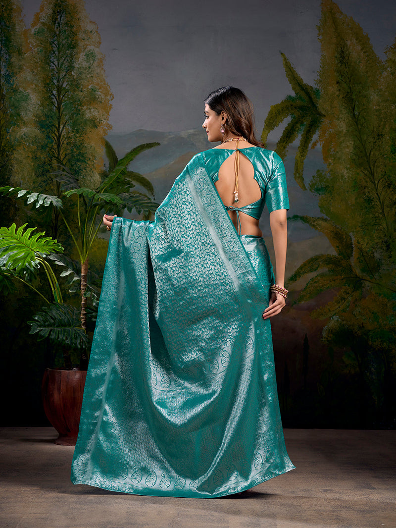 Firozi Color Zari Weaving Work With Kanjivaram Saree