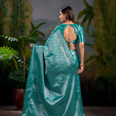 Firozi Color Zari Weaving Work With Kanjivaram Saree